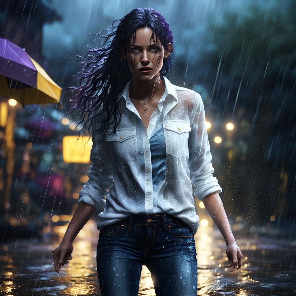Brunette Woman in Rain: Dark Fantasy Concept Art