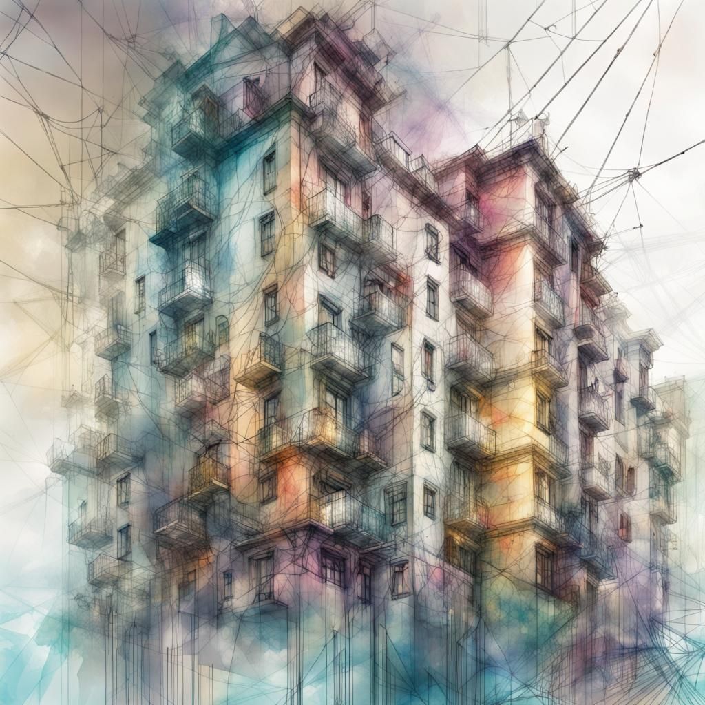 Cityscape in Reflected Geometric Digital Watercolor Style