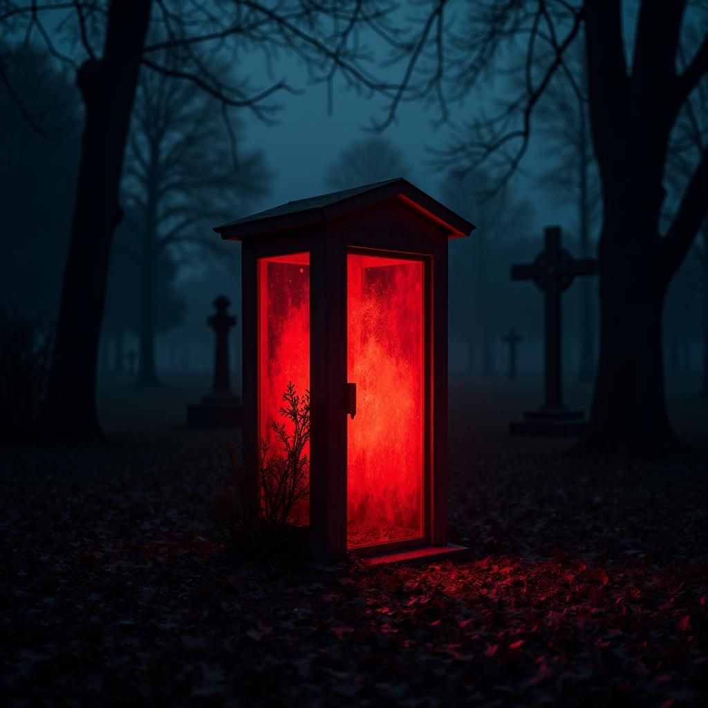 Mysterious Red Glowing Box in Cemetery at Night