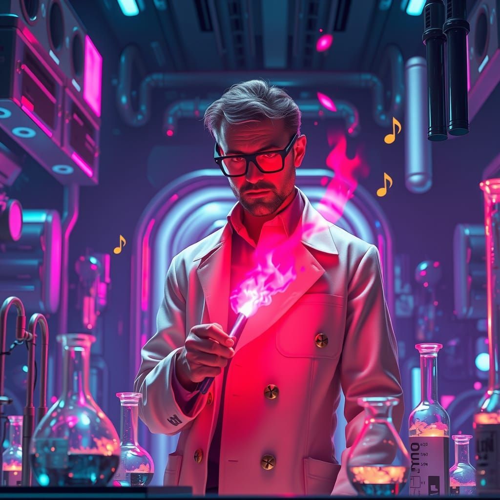 Scientist Discovers Crimson Formula in Futuristic Lab