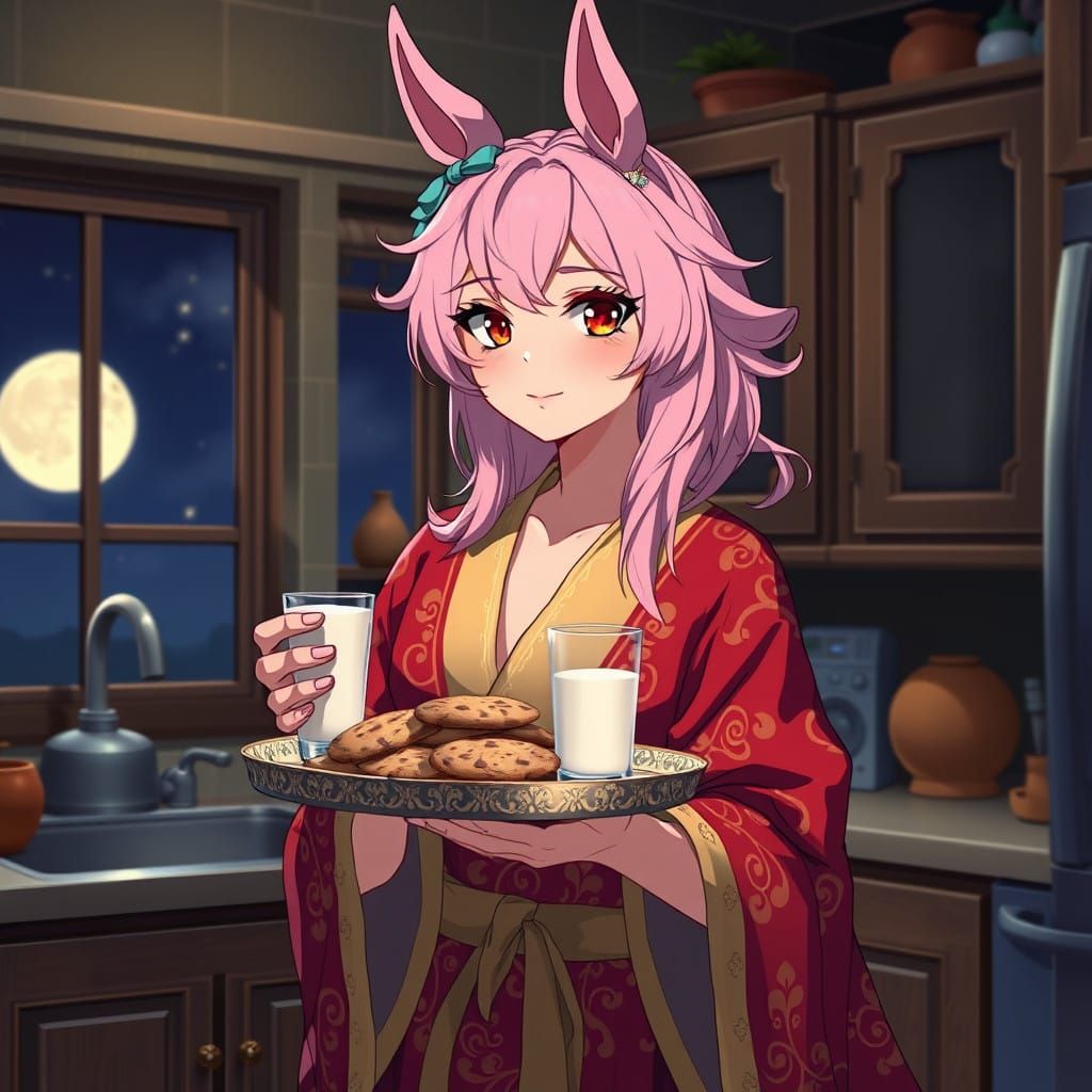 Pastel-Haired Girl with Horse Ears in Cozy Kitchen