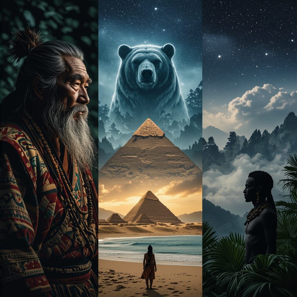 Photorealistic Triptych Collage of Ainu, Nubian, Andamanese