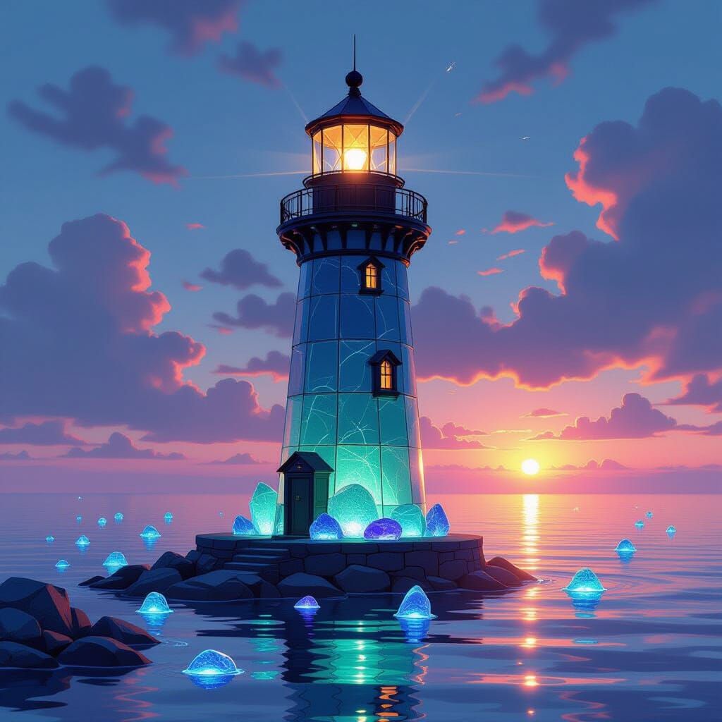 Glass Lighthouse Casting Shimmering Reflections on Calm Sea