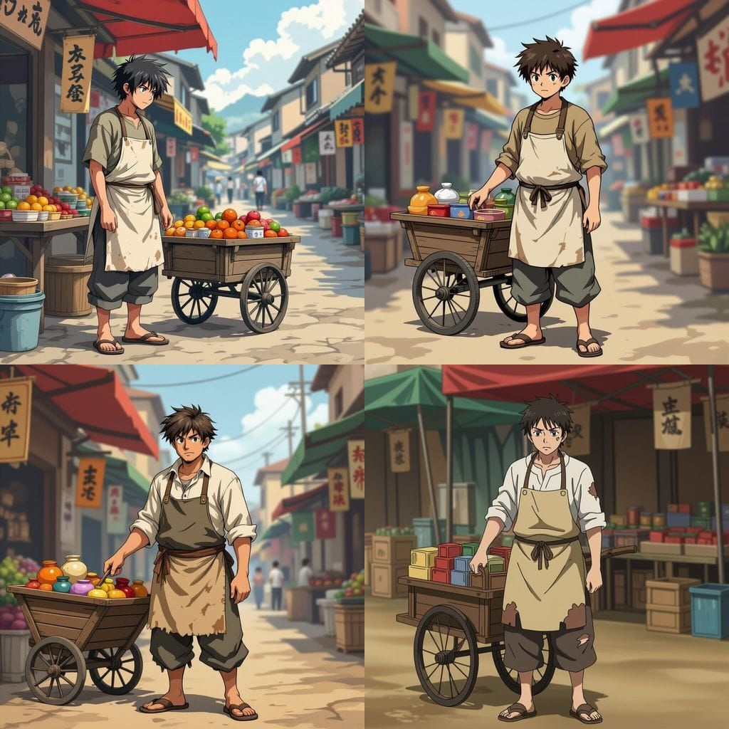 Ragged Villager Vendor in Gritty Market - Anime Style