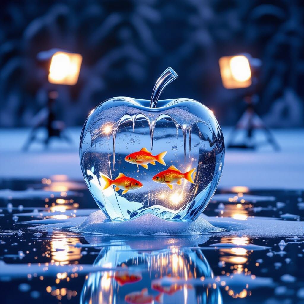 Crystalline Ice Apple Sculpture in Frozen Lake
