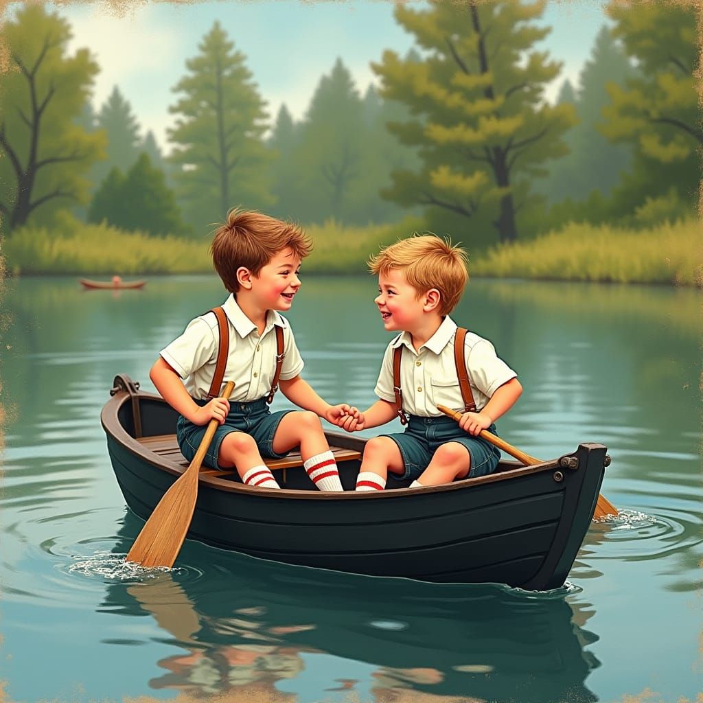 Boys Play in Rowboat: Nostalgic Scene