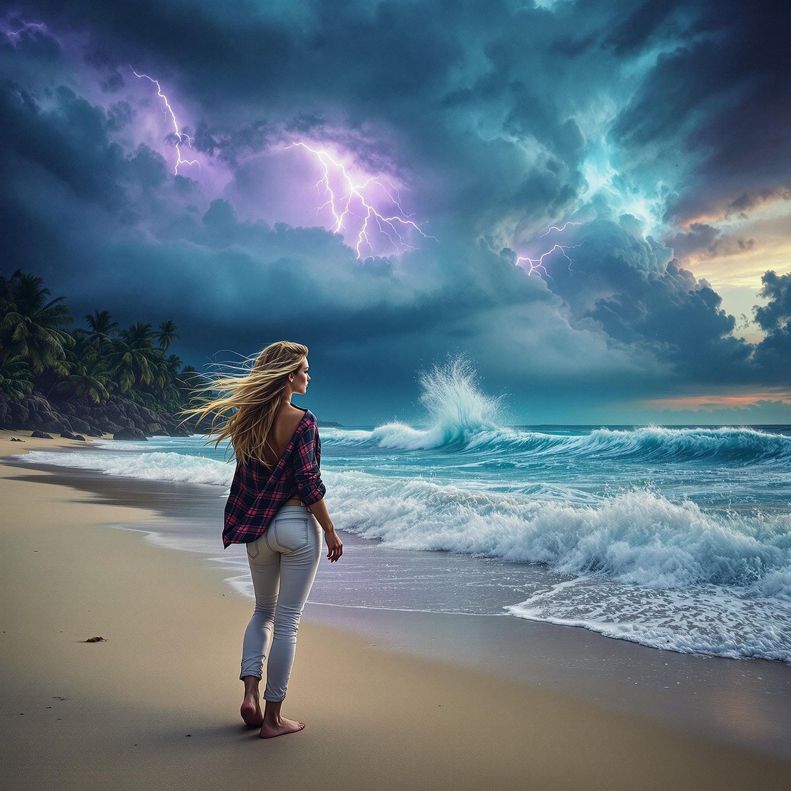 Woman Walks Toward Approaching Storm, Hyperrealistic