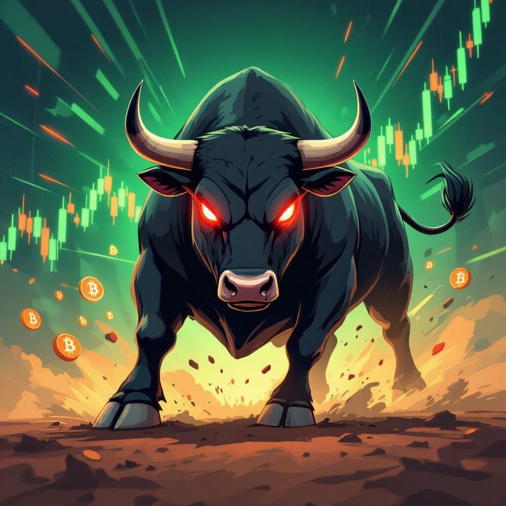 Aggressive Bull with Laser Eyes and Bitcoin Chart