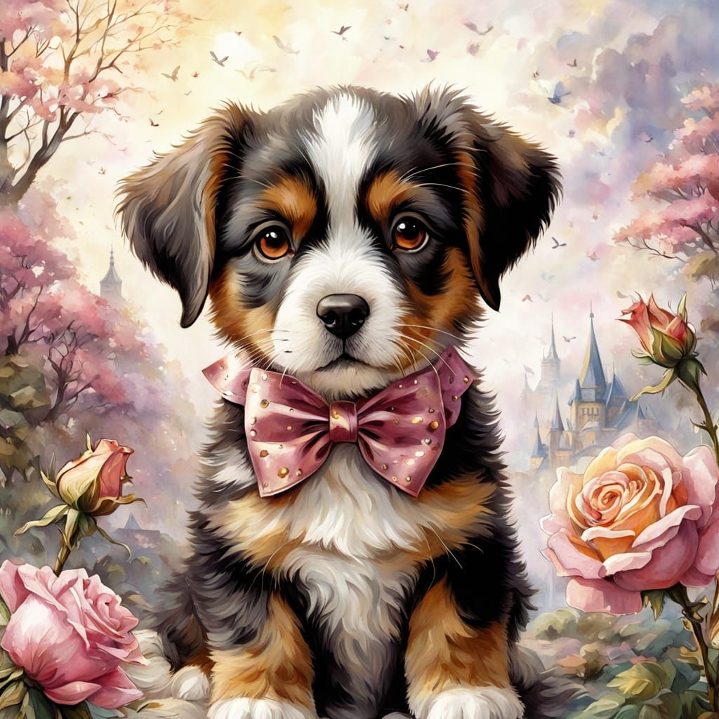 Whimsical Cartoon Puppy Holding Rose in Watercolor Fantasy A...