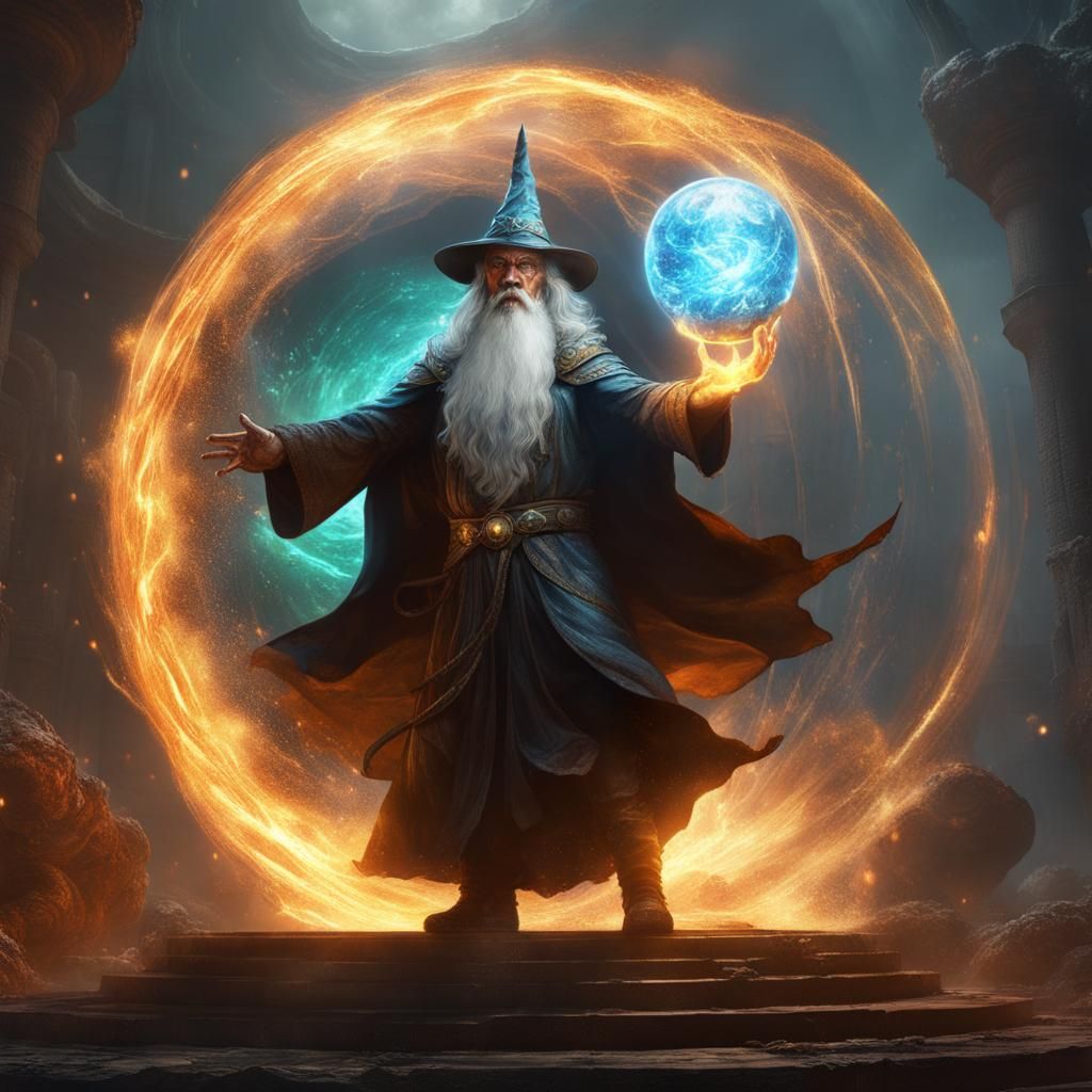 Wizard Harnessing Nuclear Power with Dragon, Dark Fantasy Ar...