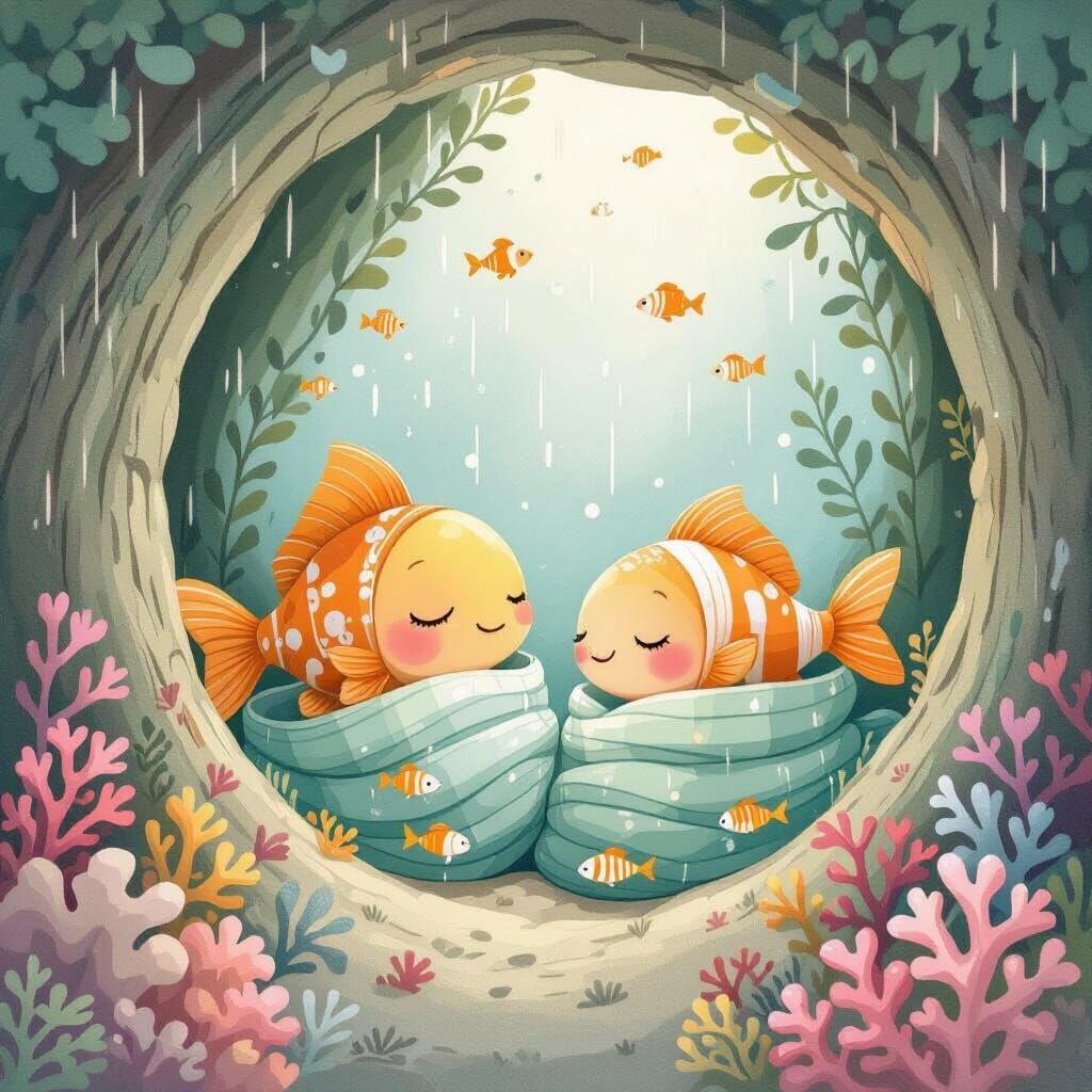 Mother and Baby Fish Sleeping in Underwater Tree Hole