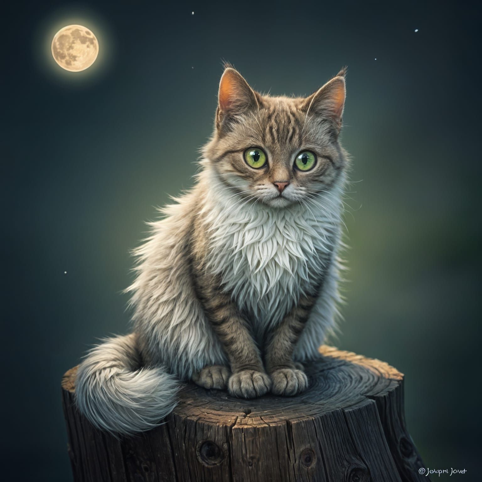 Cat on a Stump Bathed in Moonlight