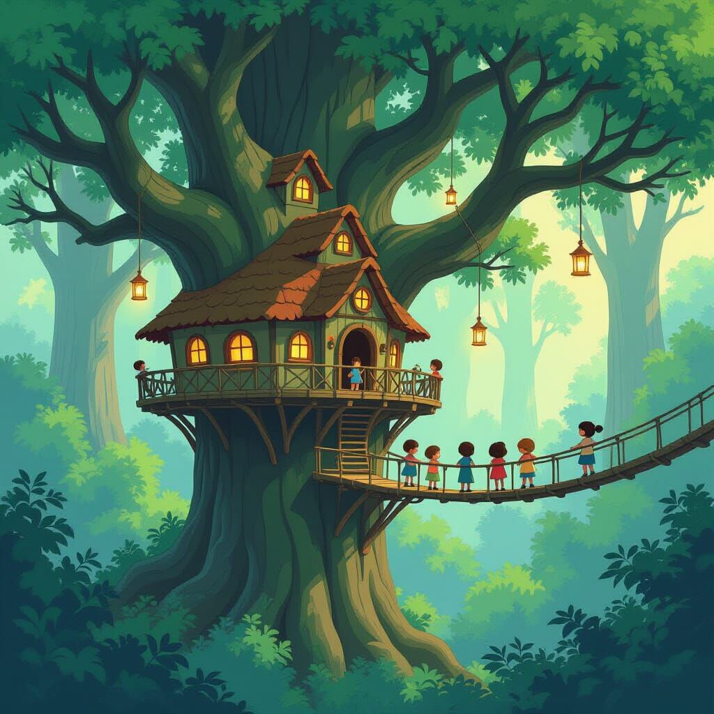 Whimsical Treehouse Village in Ancient Forest Canopy