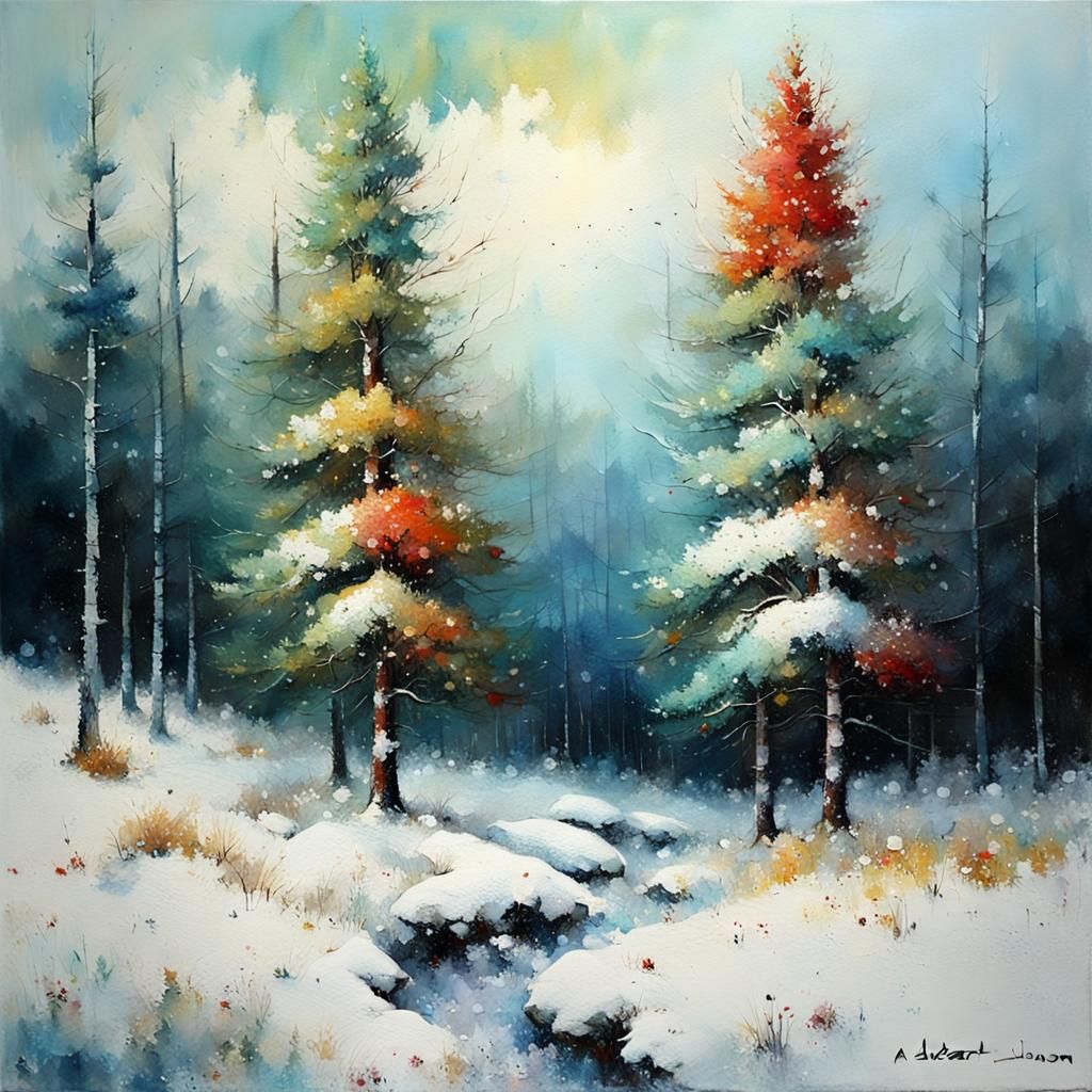 Snowy Pines in Colorful Folk Art Style