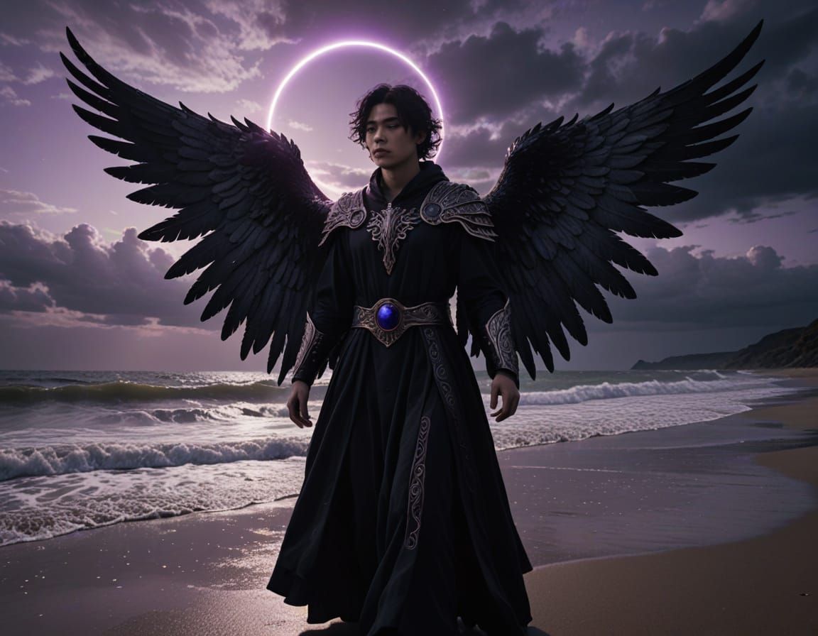 Dark Angel on Desolate Beach at Twilight