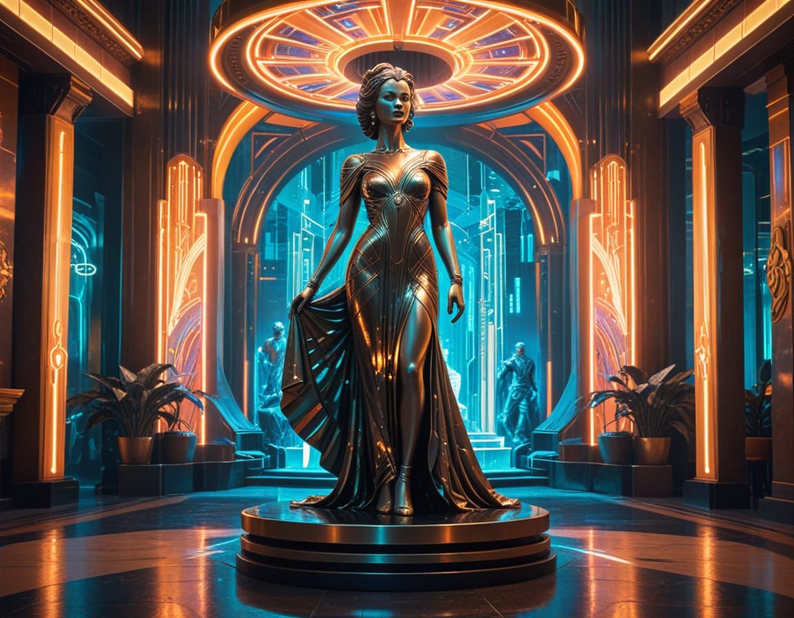 Art Deco Goddess Statue in Retro-Futuristic Cityscape