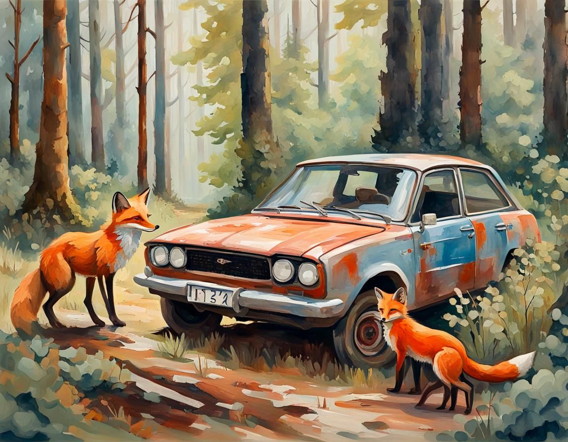 Fox Family Discovers Abandoned Lancia Delta in Gouache Style
