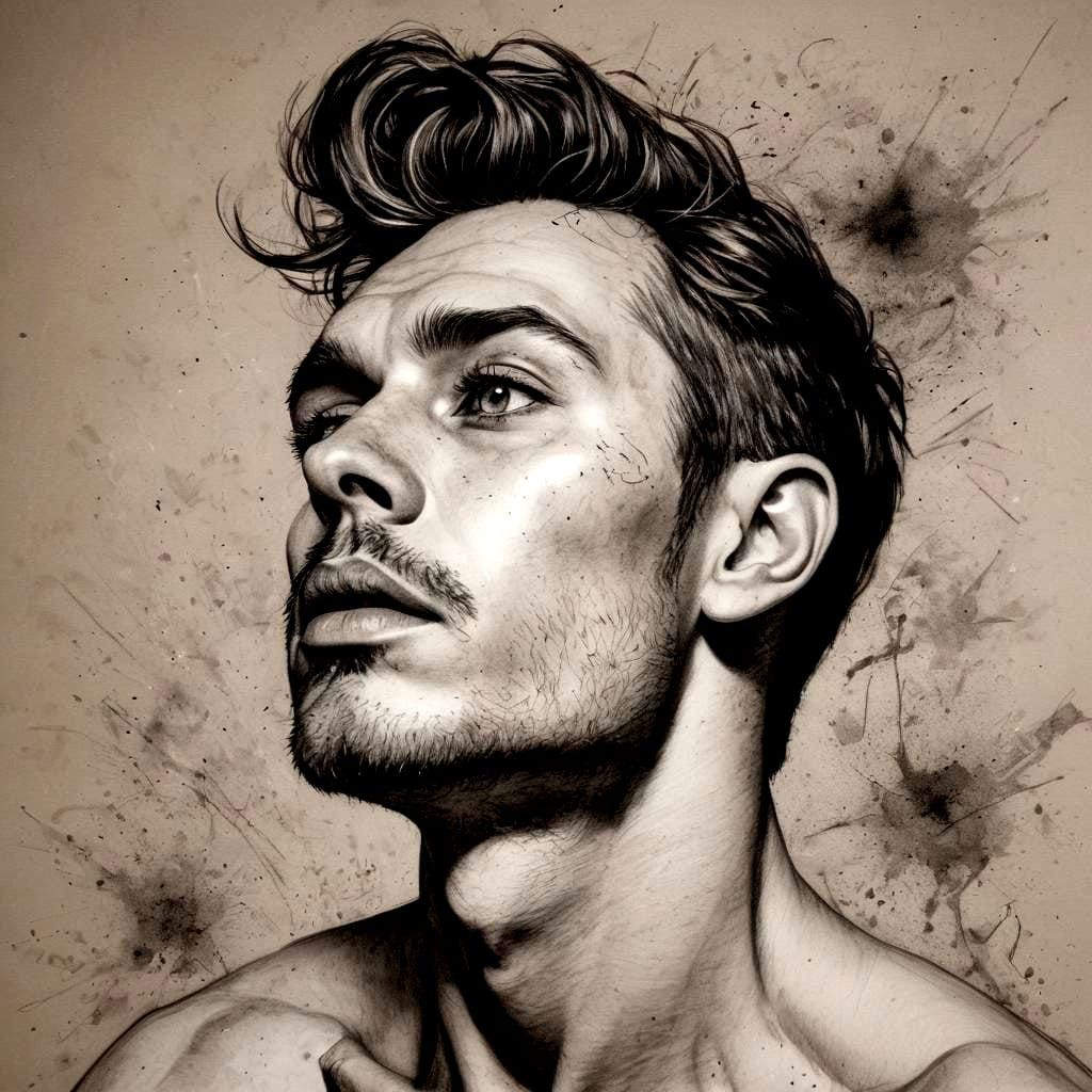 Handsome Man with Soulful Eyes: Charcoal and Ink Sketch