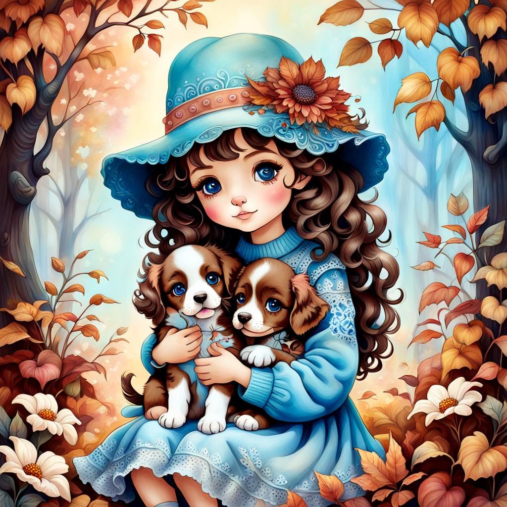 Little Girl with Puppy in Kawaii Oil Painting