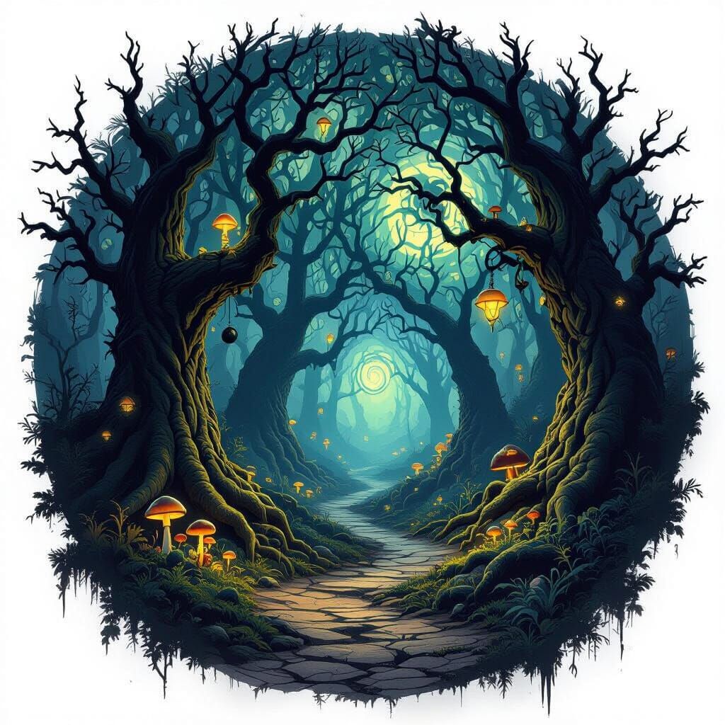 Mysterious Forest Path with Ancient Trees in Dark Fantasy