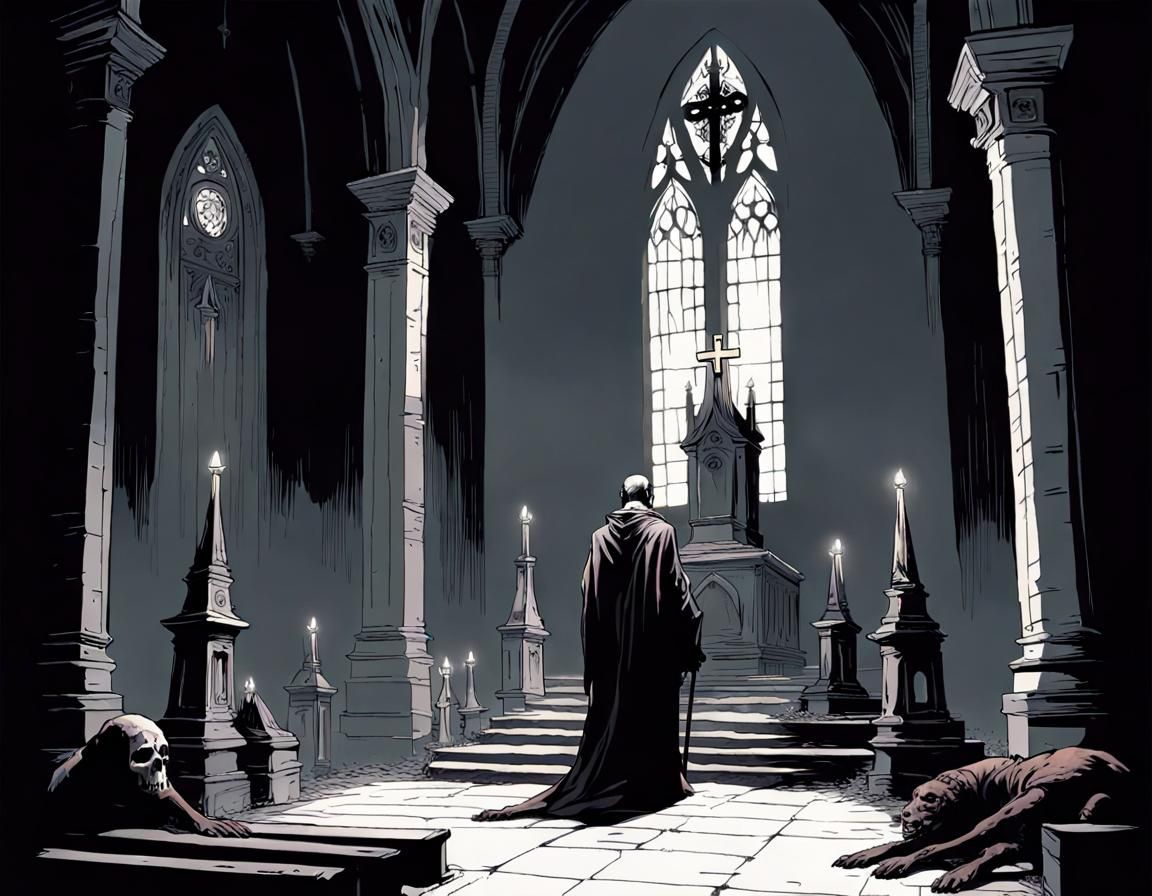 Dark Fantasy Church Interior in Graphic Novel Style