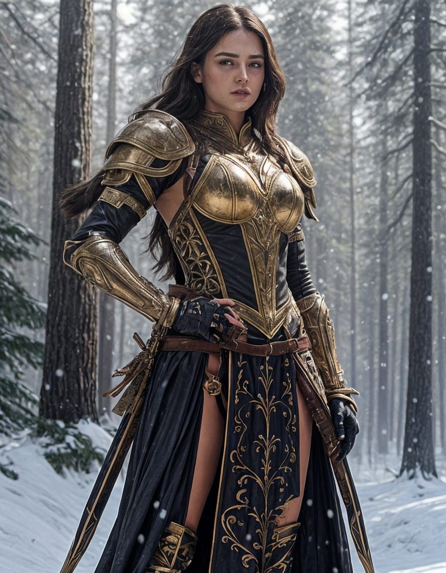 Fantasy Warrior in Snowy Forest Landscape