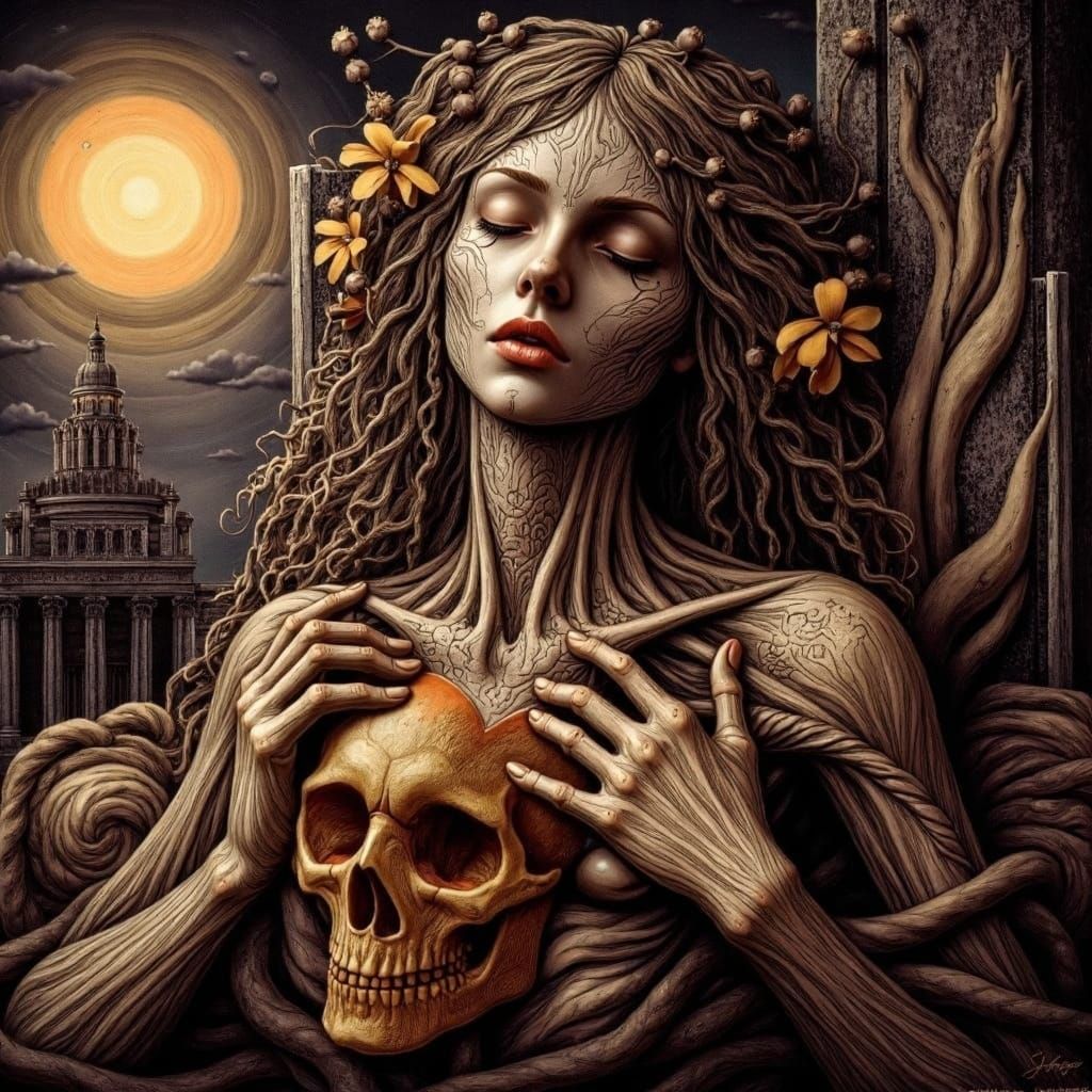 Surreal Dark Portrait with Flowers and Stone