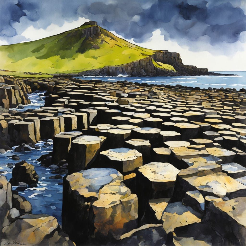 Giant's Causeway in Northern Ireland, Watercolour Painting