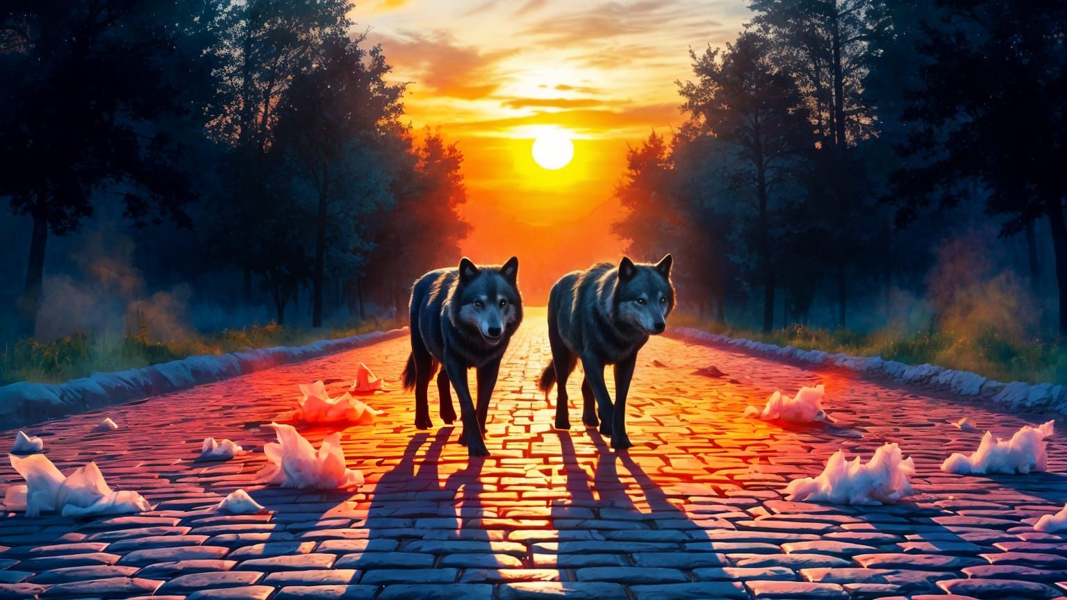 Watercolor Wolves Silhouette on Colorful Road at Sunset