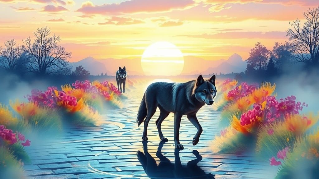 Wolves Silhouette on Colorful Road in Dark Forest