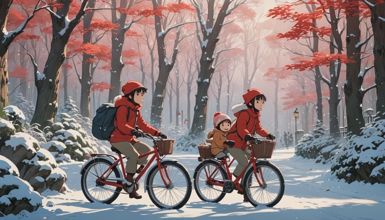 Anime-Style Cartoon of Baby Girl on Winter Bicycle