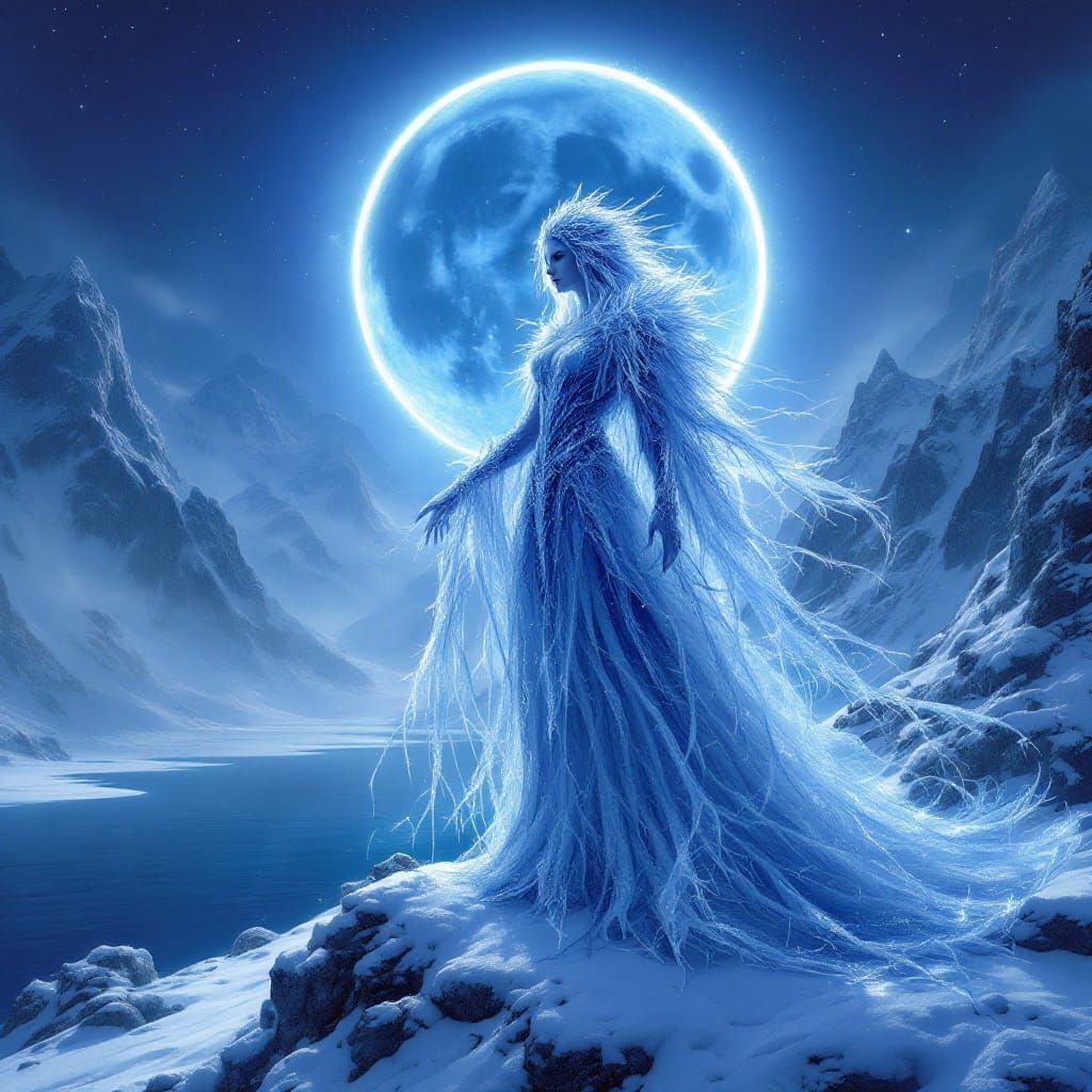 Frozen Goddess Under Blue Moon Eclipse