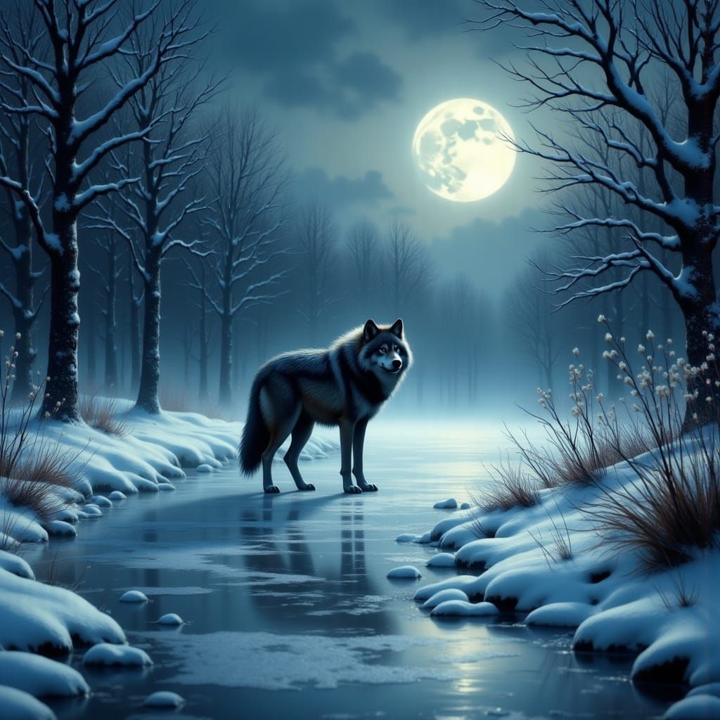 Lone Wolf Walks on Sparkling Ice Under Full Moon