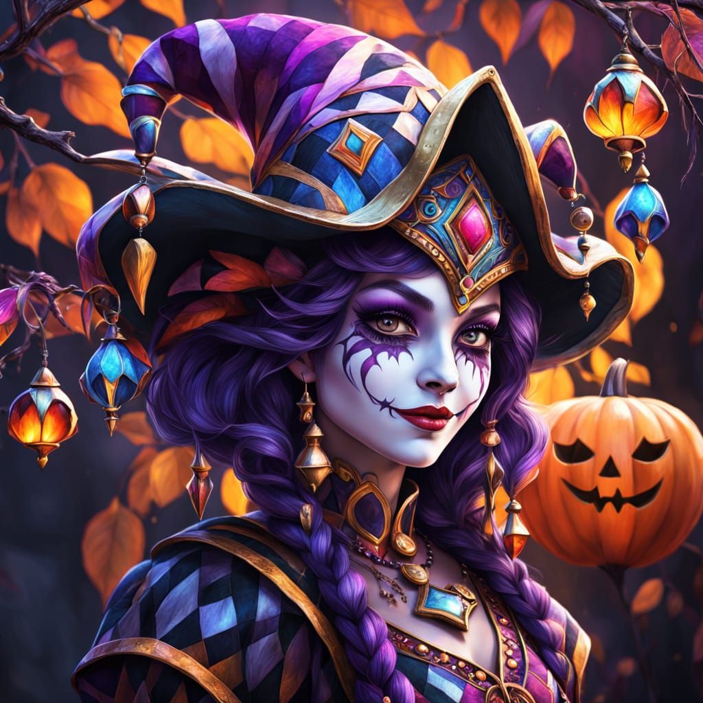 Harlequin Girl in Autumn Landscape, Digital Painting