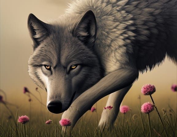 Wolf in Wildflower Field at Sunset: Detailed Digital Art