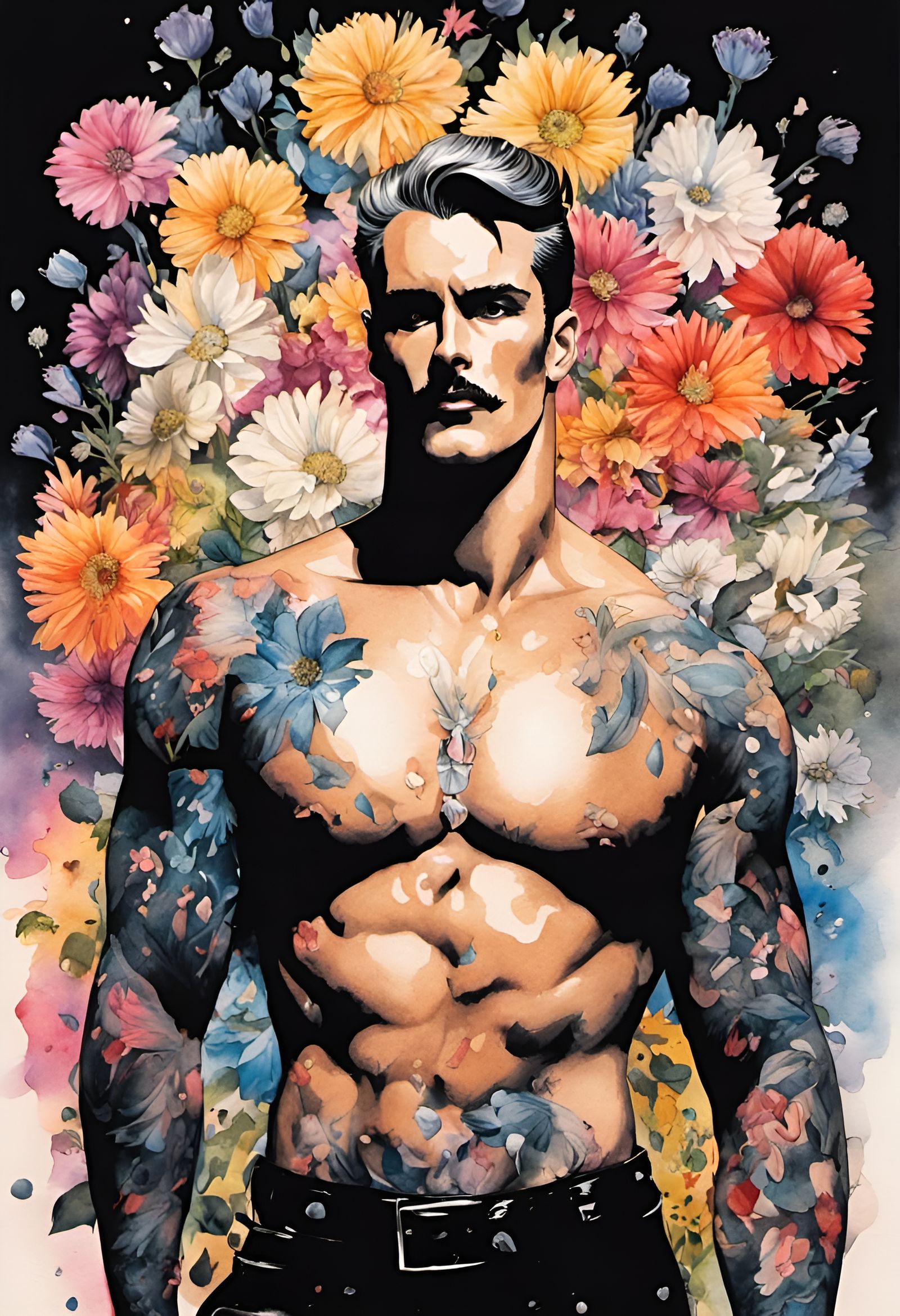 Gothic God Surrounded by Flowers in Watercolor Style