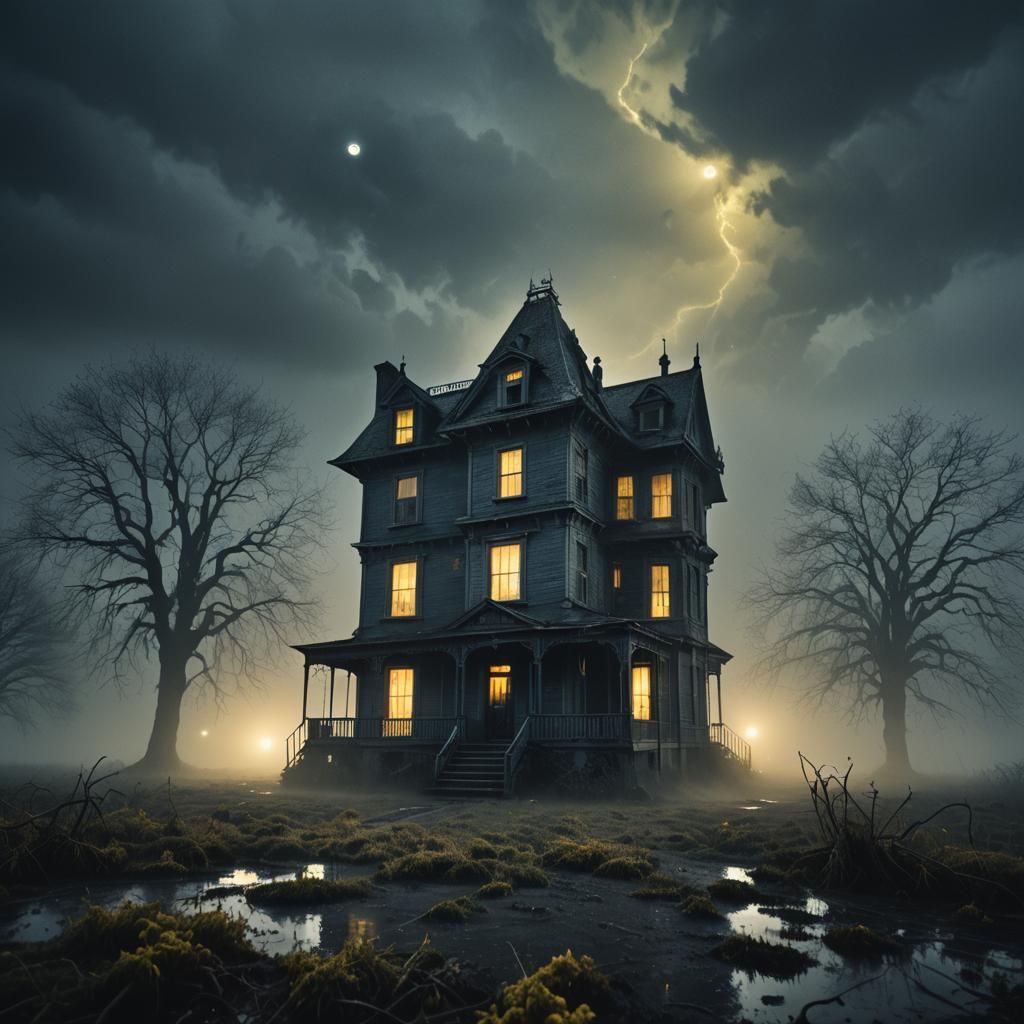 Eerie House Under Watchful Eyes: Dark Surrealism