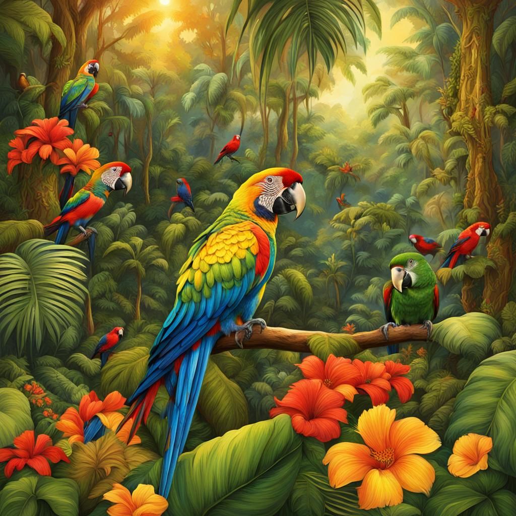 Fantastical Parrot in Jungle at Golden Hour