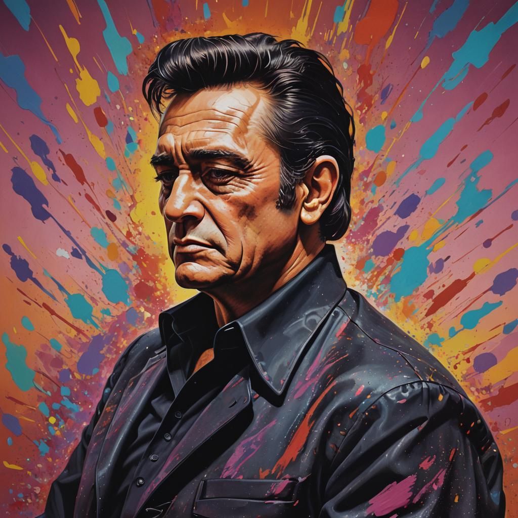 Johnny Cash in the Swinging 60s: Hyperrealistic Splash Art
