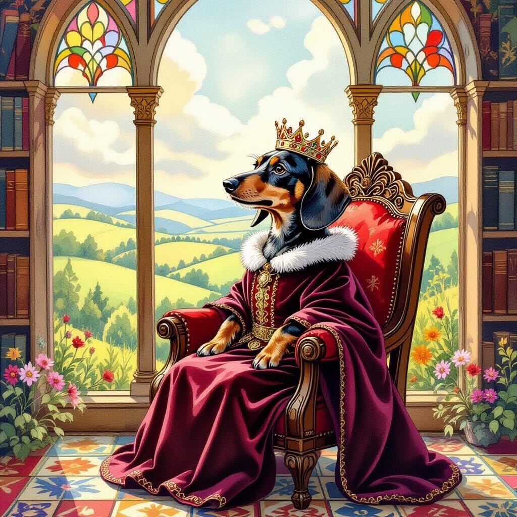 Dachshund King on Book Throne, Storybook Illustration