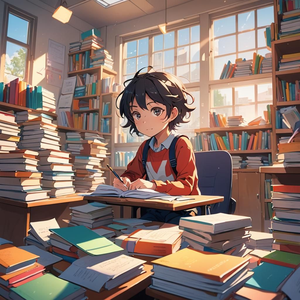 Anime Student Surrounded by Books in Bright Classroom