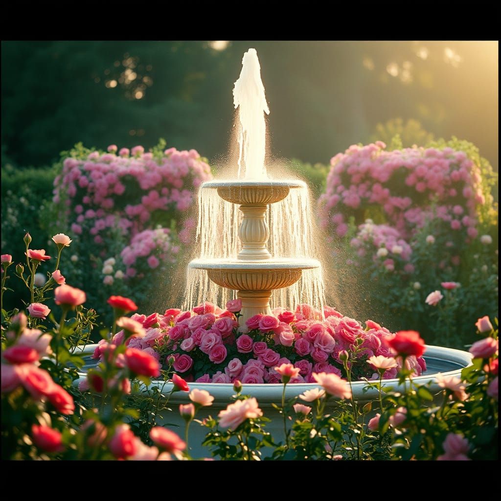 Majestic Floral Fountain in a Rose Garden