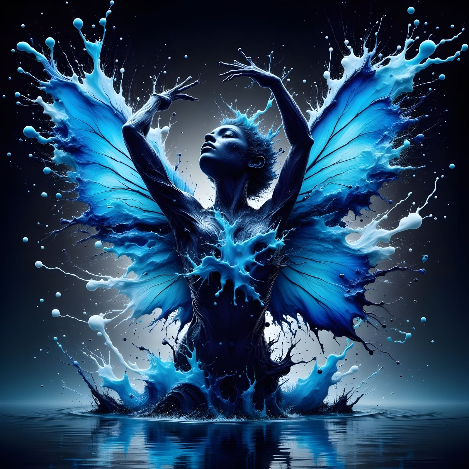 Beautiful Blue Fairy Emerging From Pond in InkBlot Style