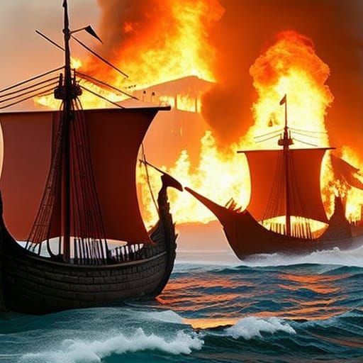 Viking Ships Near Burning Castle