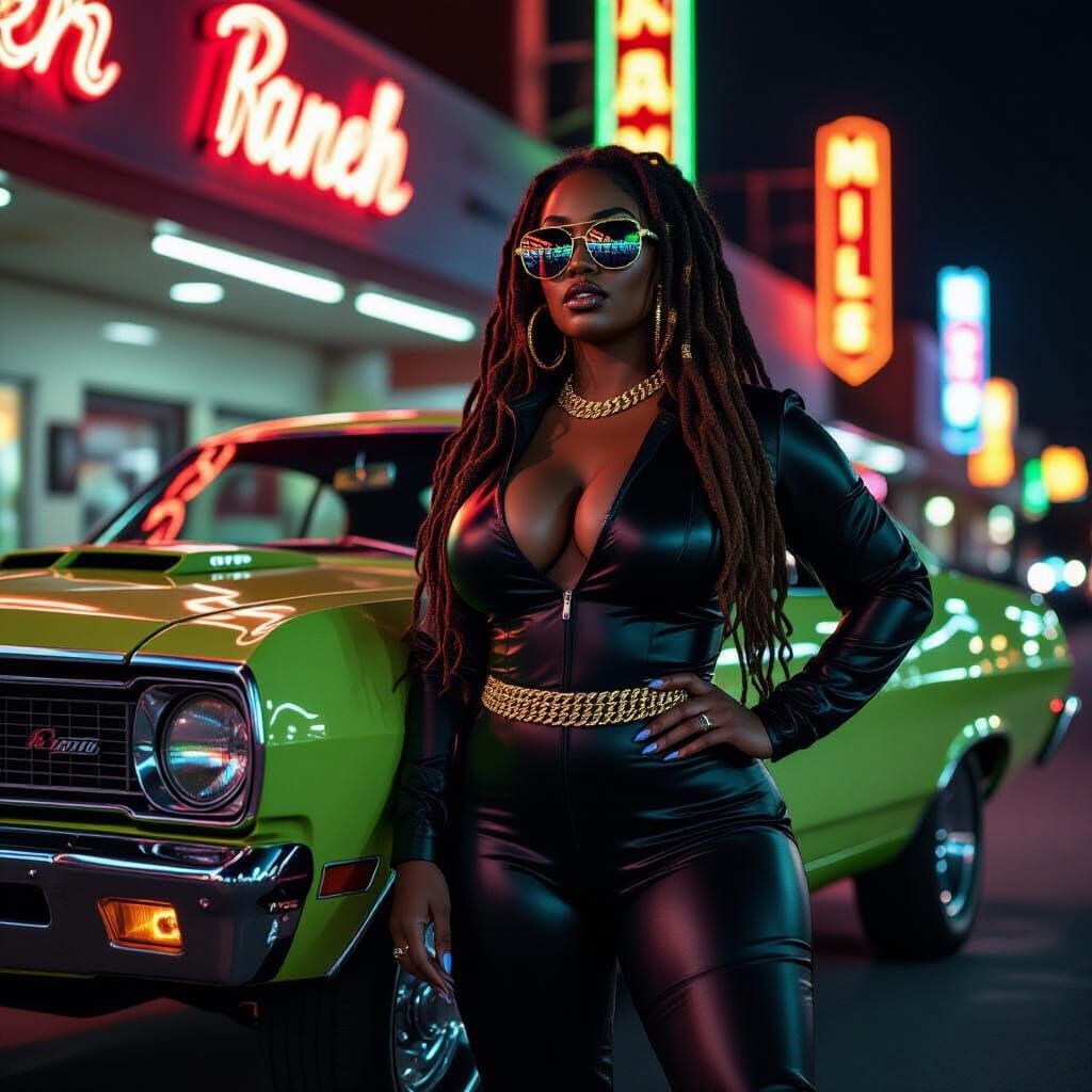 African-American Woman Poses Confidently Beside Classic Car