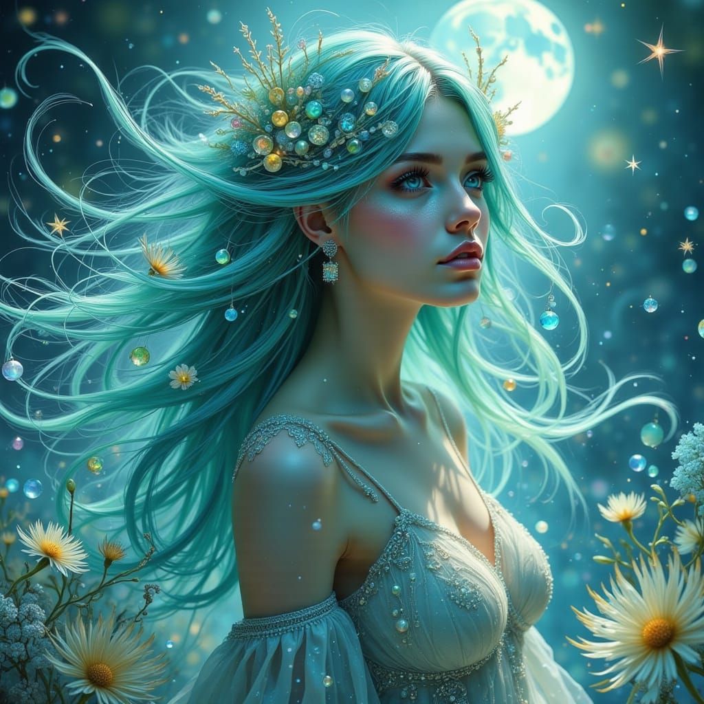 Ethereal Aquamarine Fae Goddess in Dark Glitch Style