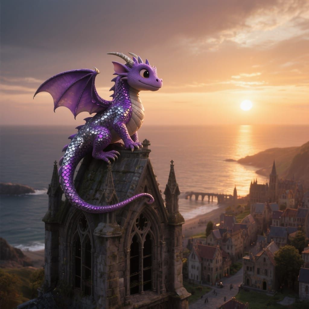 Purple Dragon Perched on Gothic Tower at Sunrise