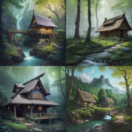 Whimsical Forest Hut in a Majestic Mountain Landscape