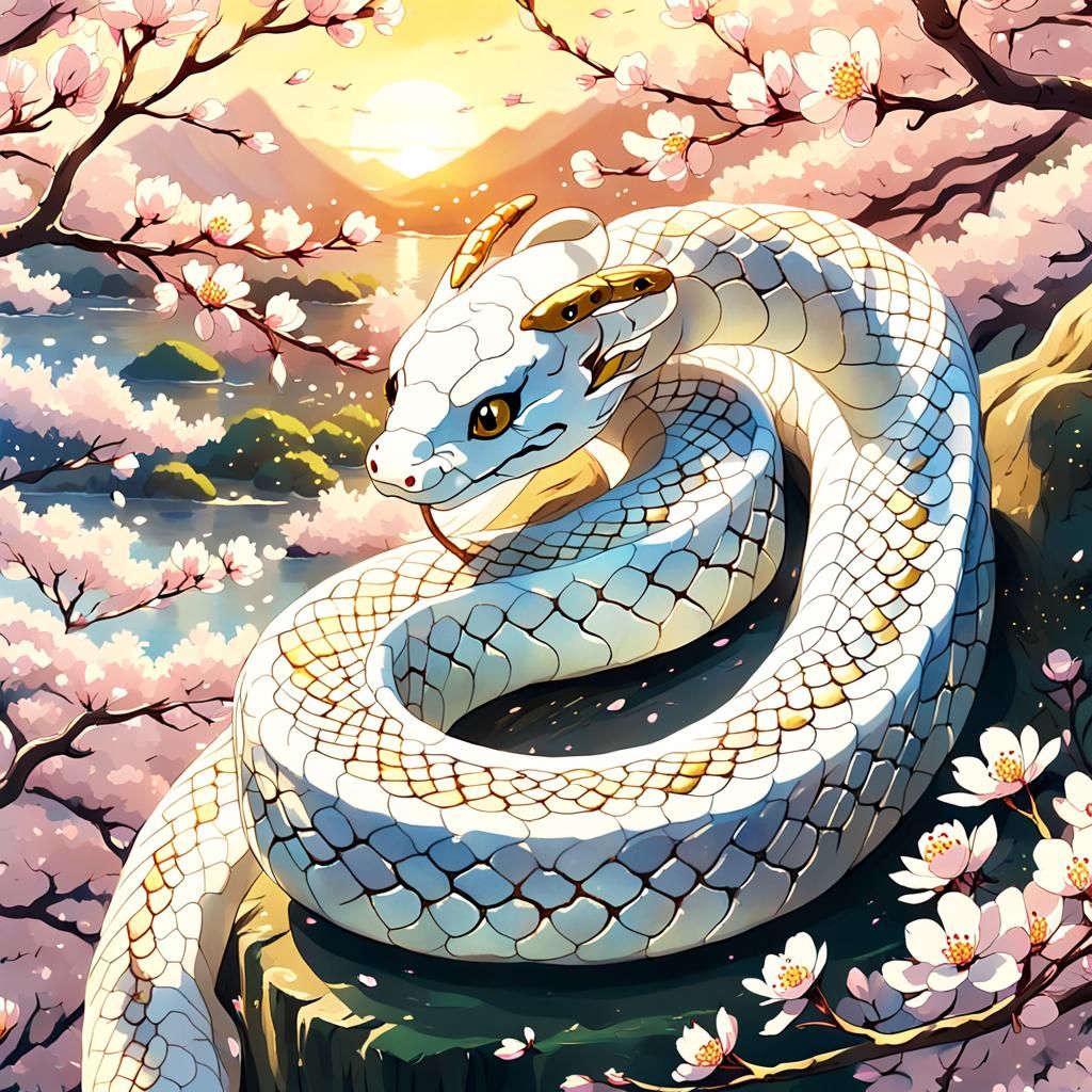 Golden Snake in Cherry Blossoms, Anime Style