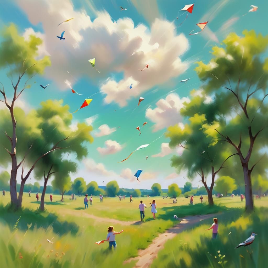 Kites Soar in Impressionistic Meadow Scene